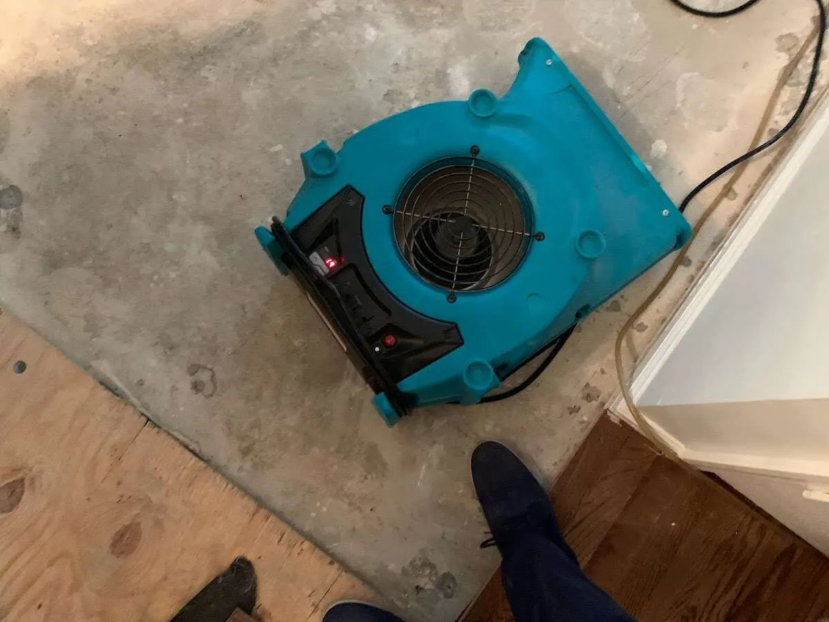 Air mover drying subfloor during Commercial Water Damage Restoration in St. Andrews